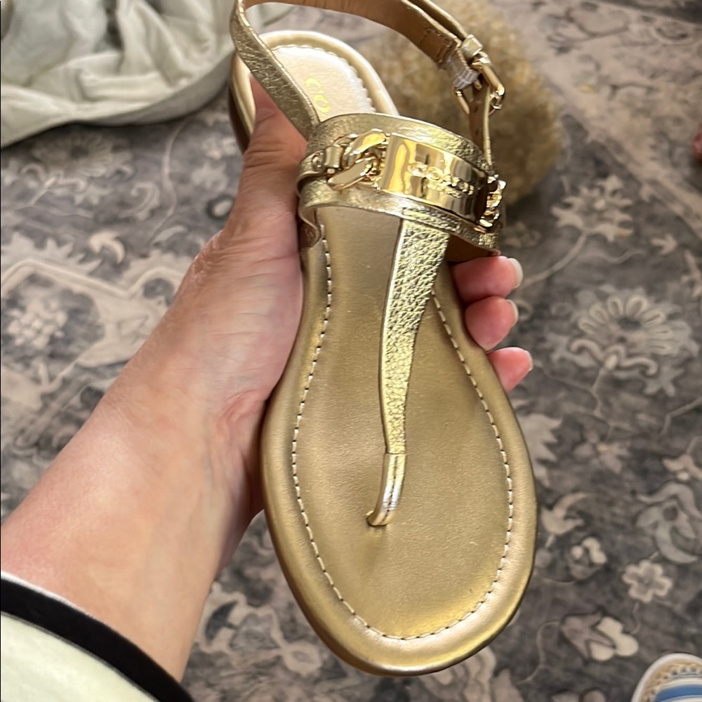 Coach Gold Metallic Sandals with T-Strap Design